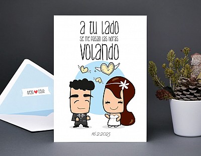 Invitación de boda "A TU LADO SE ME PASAN LAS HORAS VOLANDO"