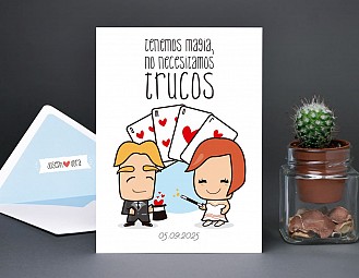 Invitación de boda "AUNQUE NUESTRA BODA CAIGA EN LUNES LO DAREMOS TODO"