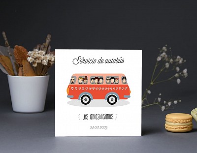 Tarjeta bus boda "STOP TENEMOS UNA BODA Y NO DUDAREMOS EN INVITARTE"