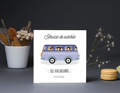 Tarjeta bus boda "CONTIGO HASTA EL FIN DEL MUNDO"